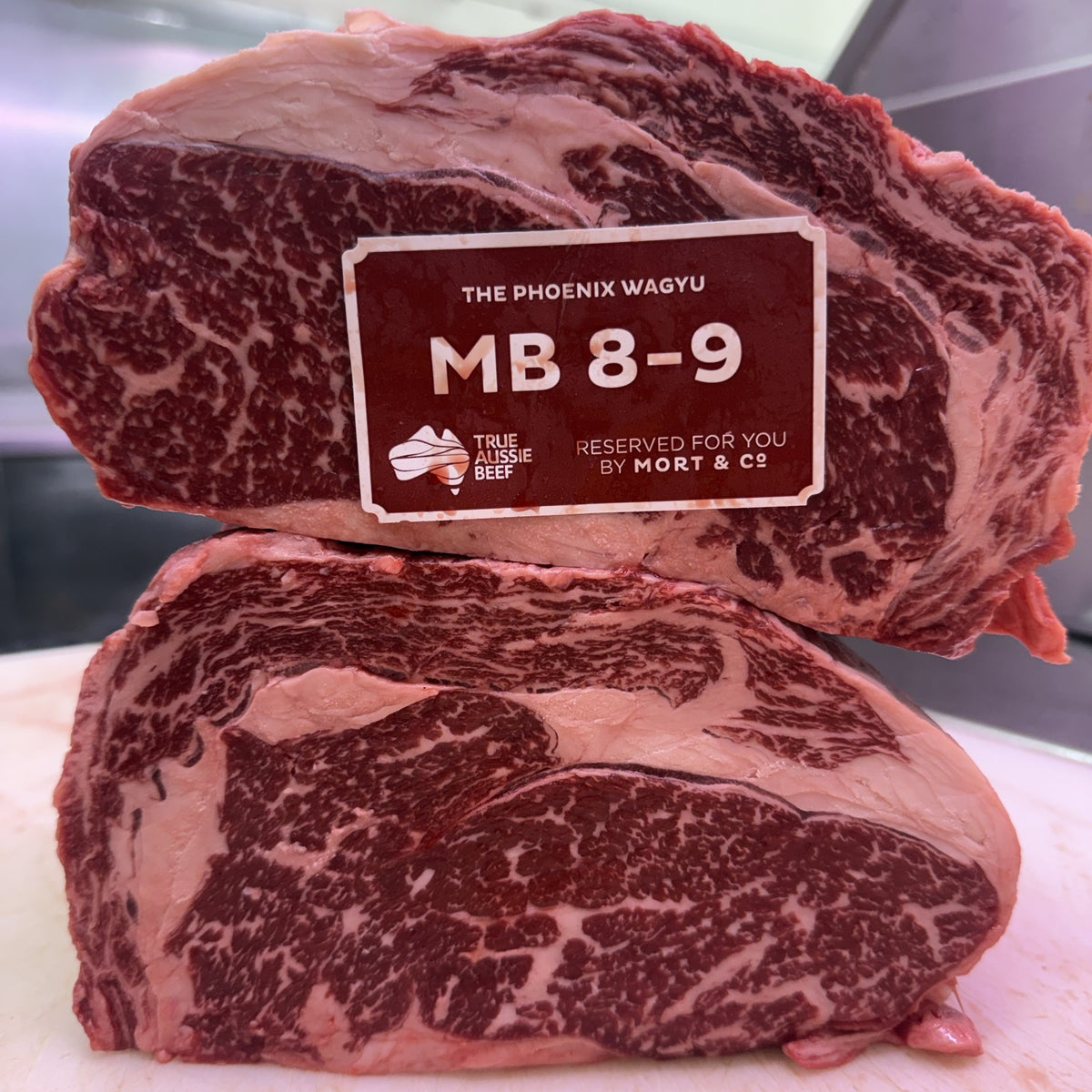 The Phoenix Wagyu MB 8-9 scotch fillet by Mort & Co, showing heavy marbling